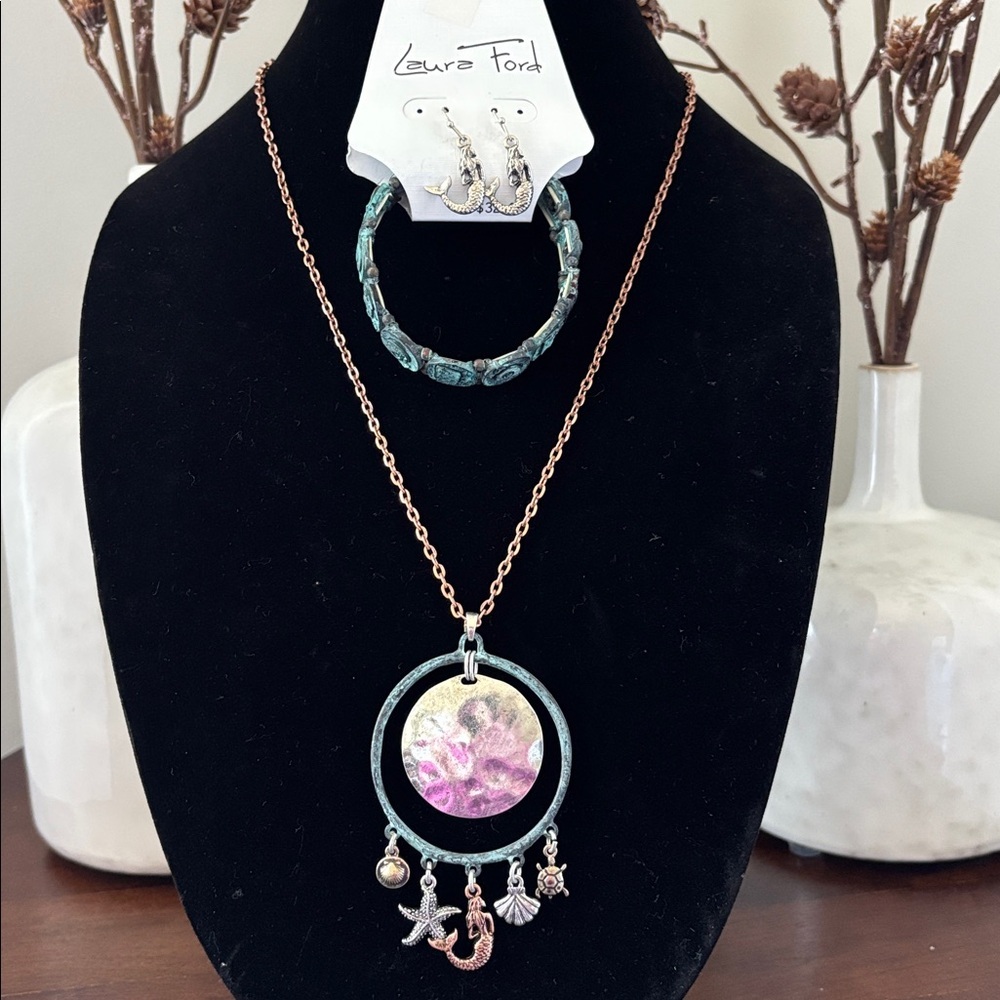 Laura Ford Coppertone chain,open circle nautical charms bracelet & earrings set